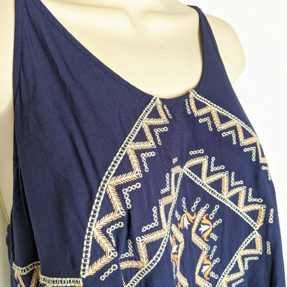 Jenna Hansen Navy Blue Embroidered‎ Fringe Hem Cami Tank Top Boho Festival XS